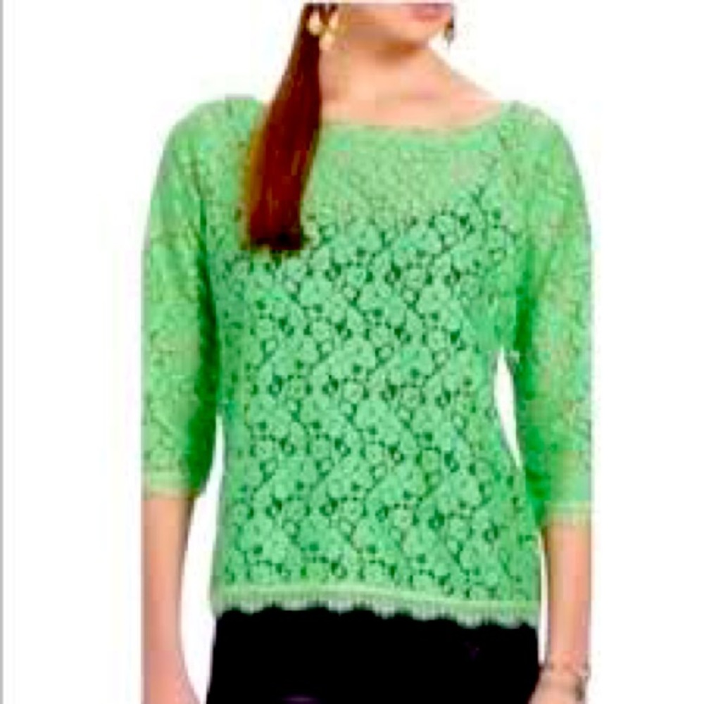 Anthropologie Weston Wear Green Lace Cropped 3/4 Sleeve Blouse Top Medium